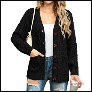Long Sleeve Cable Knit Sweater Button Open Front Cardigan Loose Outerwear with